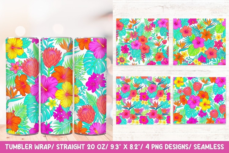 Tropical Floral Seamless 20 OZ Skinny Tumbler Wrap PNG.