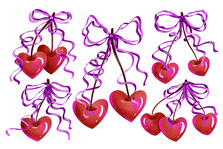 Cherry with Ribbon Bows for Valentine Day. Love 14 February