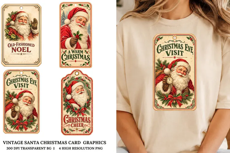 Vintage Santa Christmas Card PNG Retro Holiday Sublimation
