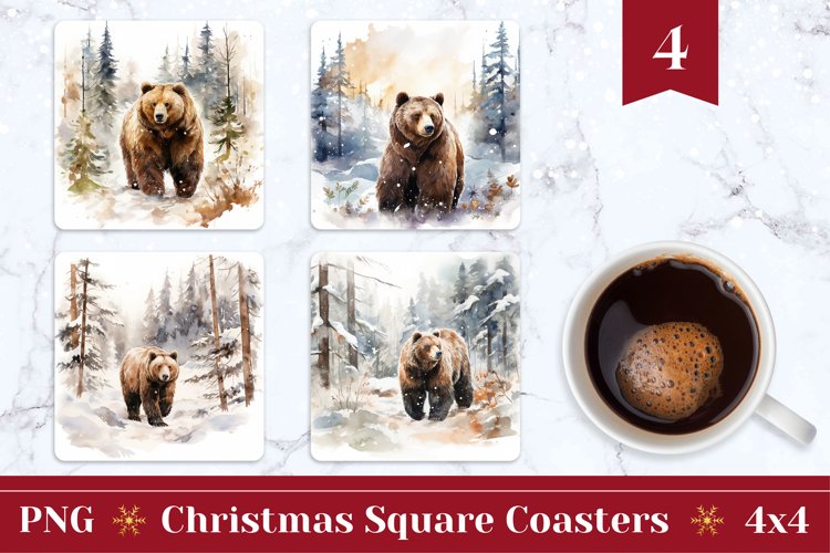 Christmas Square Coasters, Watercolor Bear Coaster Designs