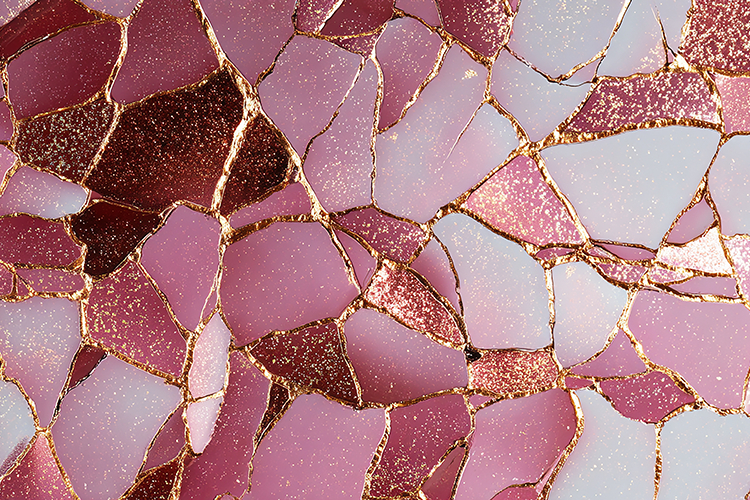 A mosaic artwork composed of pink and gold fragments