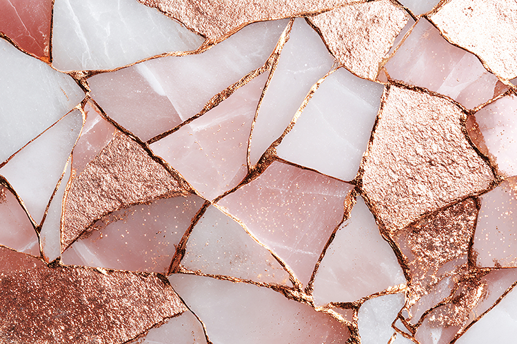 Mosaic art piece with pink, white, and rose gold fragments