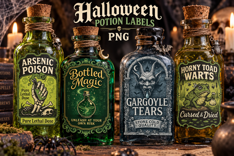 Halloween Potion Labels PNG, Vintage Witch Apothecary