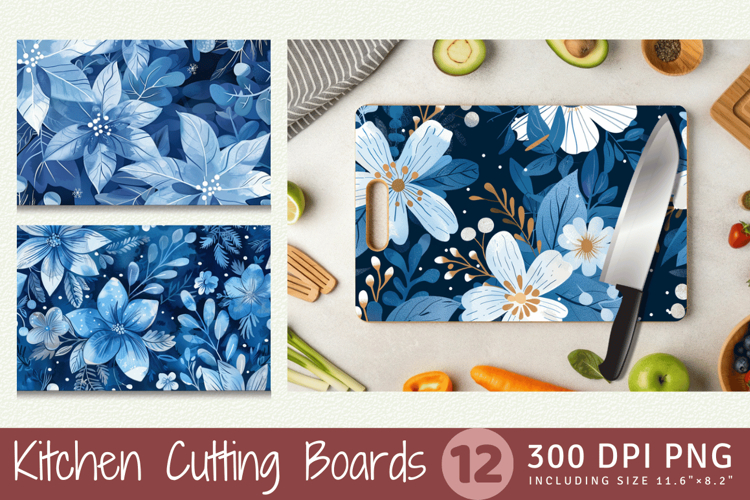 Blue Winter Flowers Cutting Boards sublimation Design