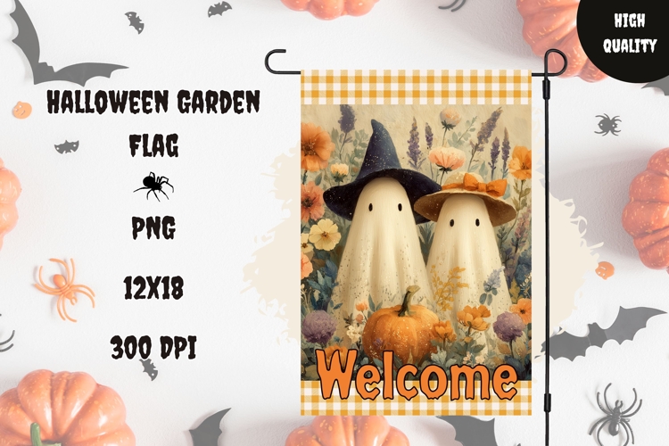 Floral Halloween Ghosts Garden Flag, Welcome Garden Flag PNG