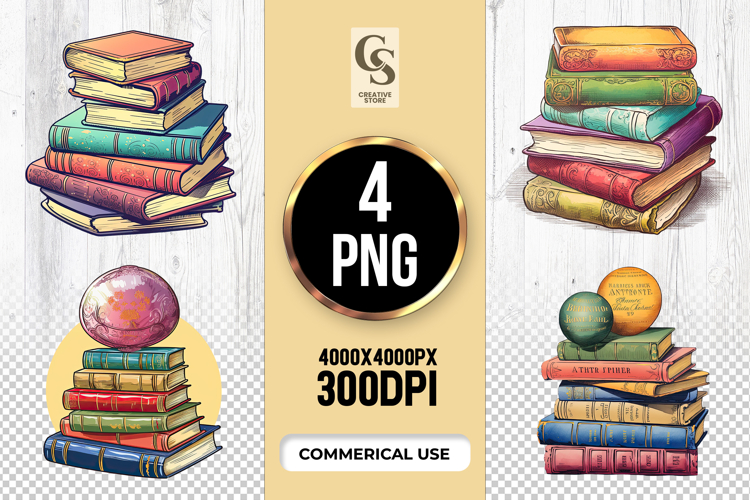 Vintage Book Stacks And Orbs Clipart Sublimation PNG