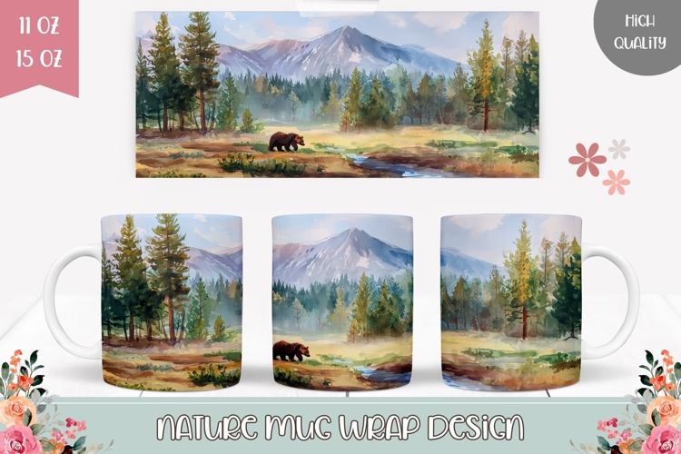Watercolor Landscape Mug Template, Forest Bear Mug Wrap