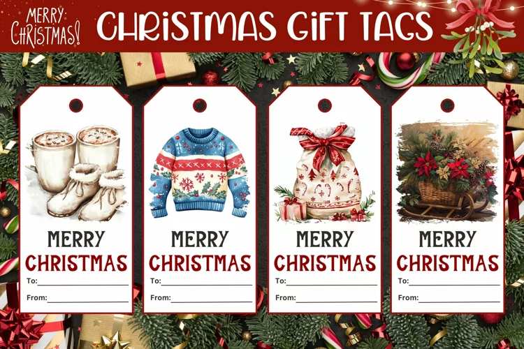 Watercolor Christmas Gift Tags, Christmas Product Tag