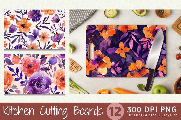 Purple Orange Watercolor Floral Cutting Boards sublimation D
