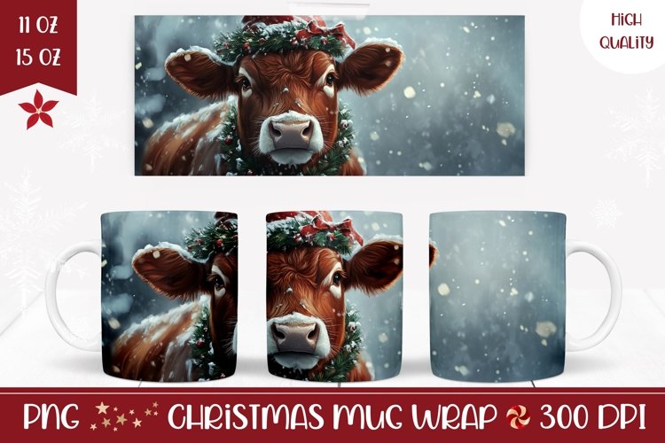 Christmas Cow Mug Wrap, Winter Coffee Mug Template