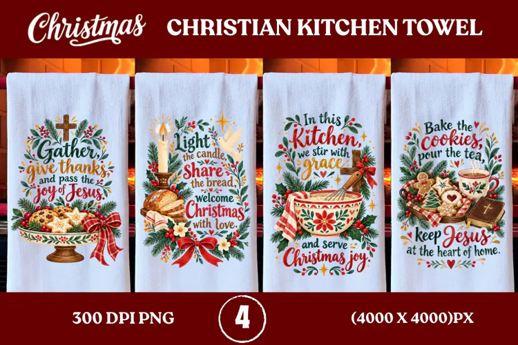 4 Christian Christmas Kitchen Towel PNGs, 4 Jesus Christmas