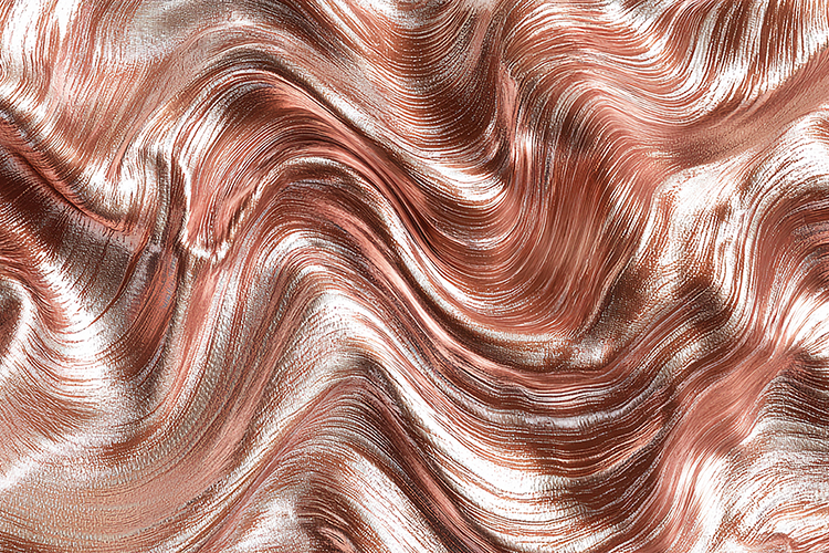 Shiny, metallic surface with wavy, rose-gold patterns