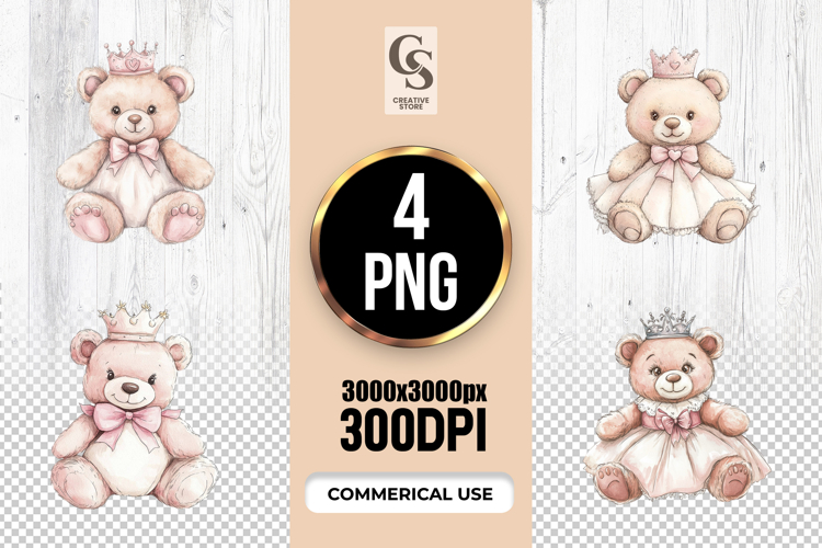 Princess Teddy Bear Watercolor Clipart Sublimation PNG