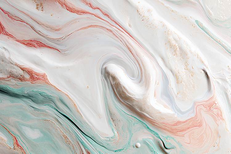 A marble with swirling patterns of white,pink, & green hues