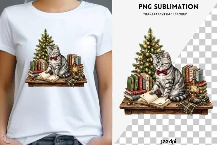 Christmas bookish cat png design for T-shirts