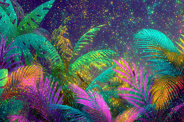 Tropical palm leaves against a starry night sky
