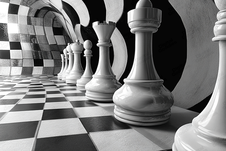 Surreal 3D Chess Pieces on Abstract Tunnel Pattern