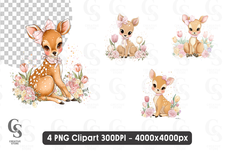 Cute Baby Deer with Pink Bow Floral Fawn Clipart PNG