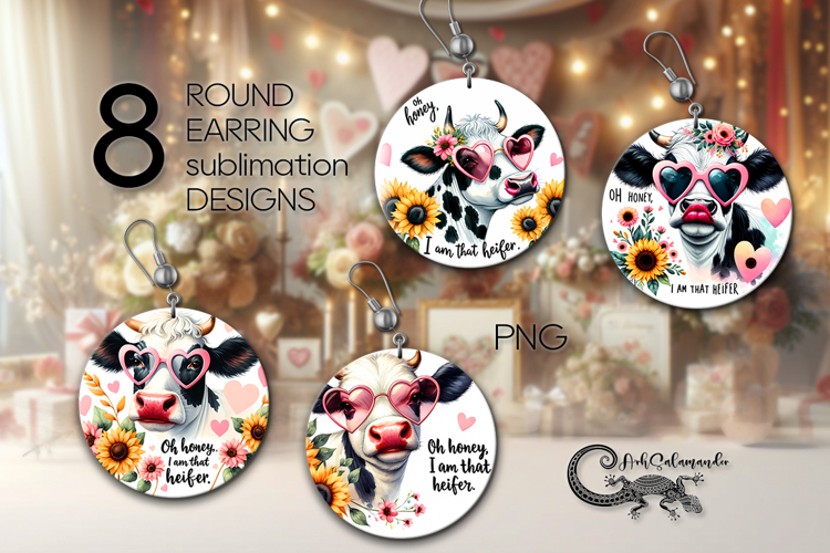 Cow & flowers | 8 Round earring Sublimation designs