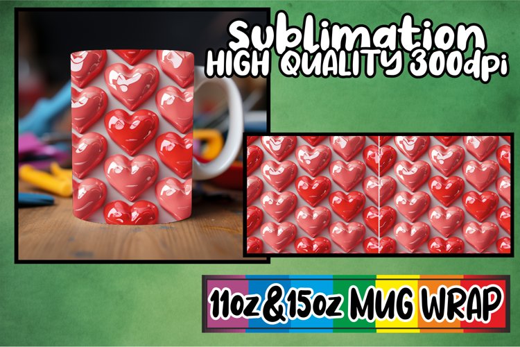 3D Heart Pattern Mug Wrap Sublimation - Valentines Love