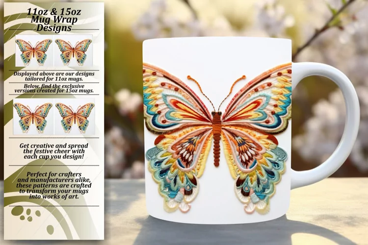Colorful Embroidered Butterfly Mug Wrap