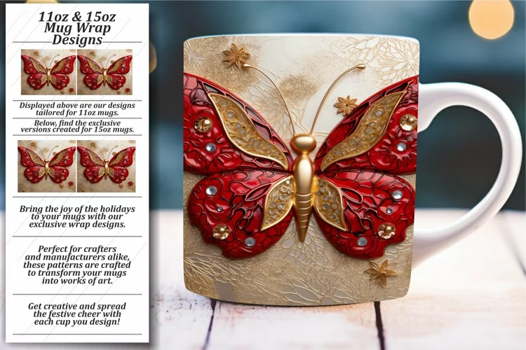 Shimmering 3D Butterfly Bliss: Mug Wrap 11oz 15oz