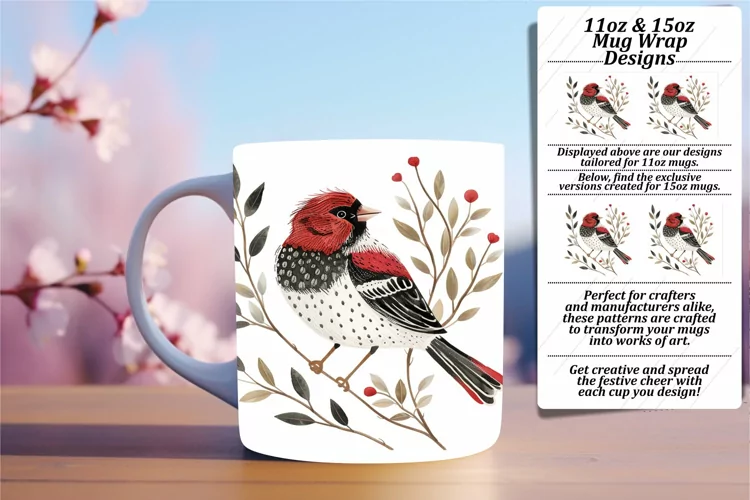 Spring Watercolor Bird Mug Wrap 11oz/15oz Sublimation