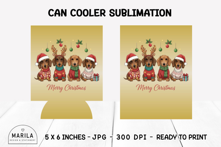 Cute Christmas Dachshund Can Cooler Wrap | 12oz Sublimation