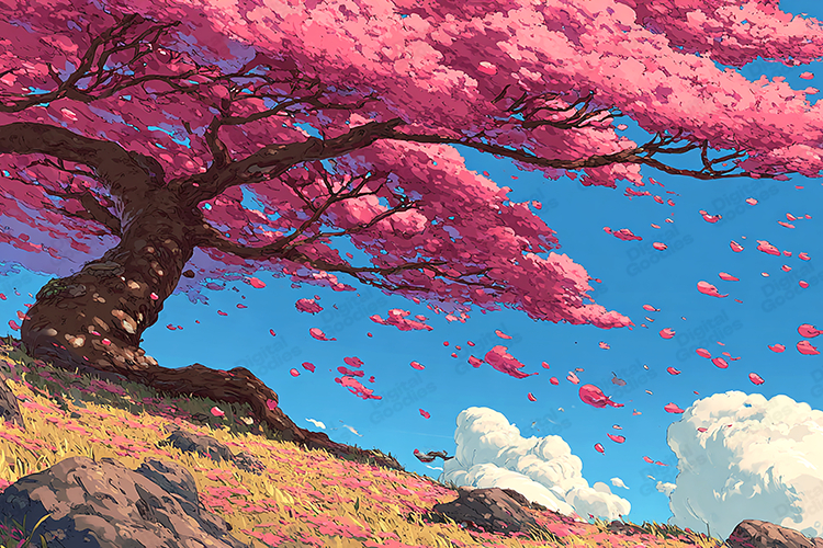 Anime Cherry Blossom Tree Fantasy Landscape Digital Art