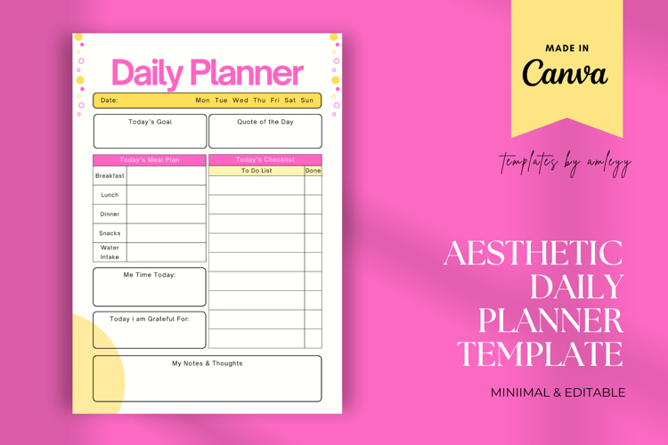 Aesthetic Daily Planner Canva Template Editable Daily