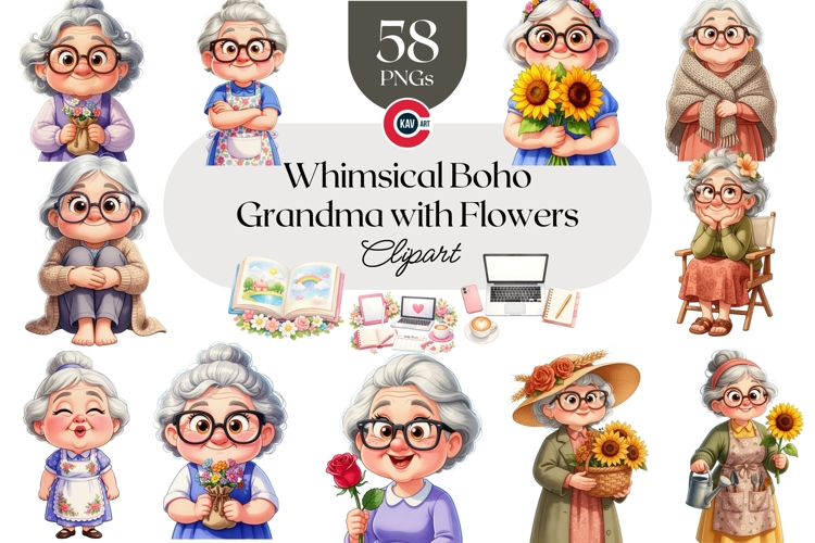 Whimsical Boho Grandma Clipart Bundle Floral Elderly Woman