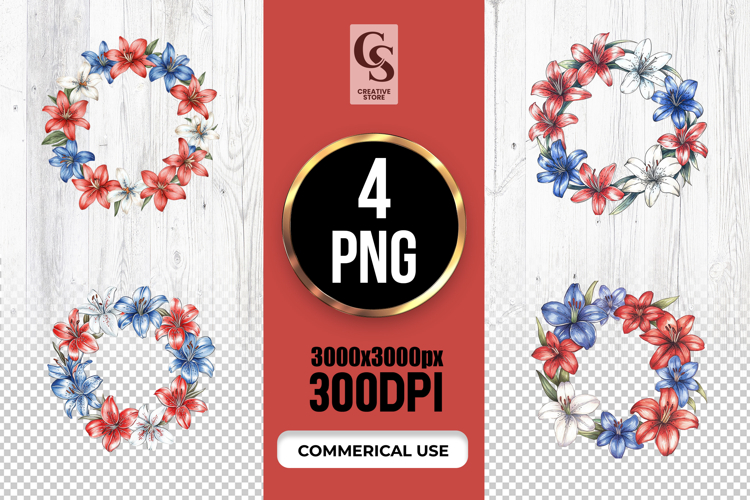 Patriotic Floral Wreath Clipart Sublimation PNG