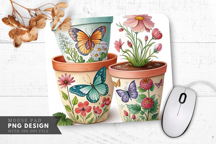 Butterfly and Floral Hand Painted Plant Pots Mouse Pad PNG