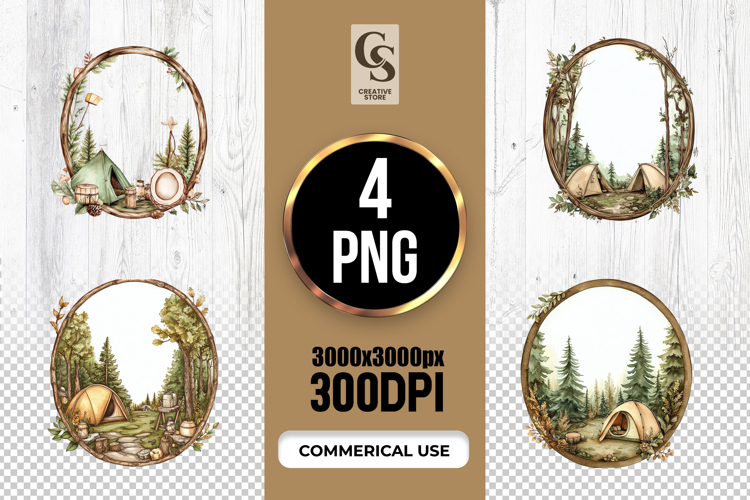 Camping Wreath Frame Watercolor Clipart Sublimation PNG