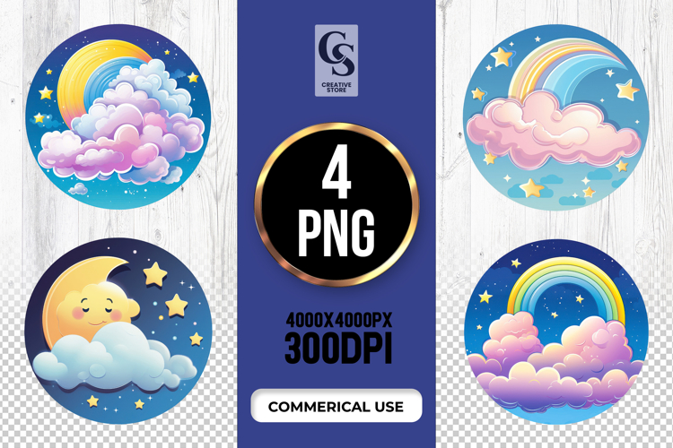Cute Moon Rainbow Cloud Clipart Sublimation PNG