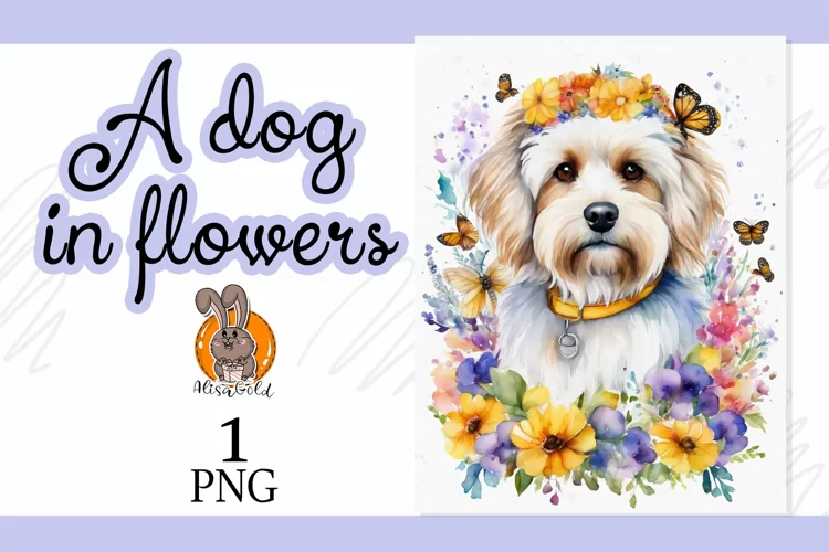 a dog in flowers, watercolor