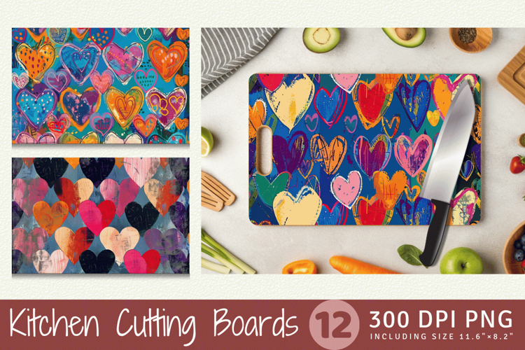 Mixed Media Funky Hearts Cutting Boards sublimation Design