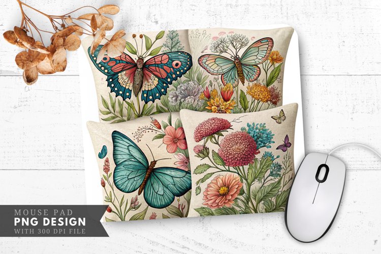 Butterfly Floral Decorative Pillow Mouse Pad PNG Design example image 1