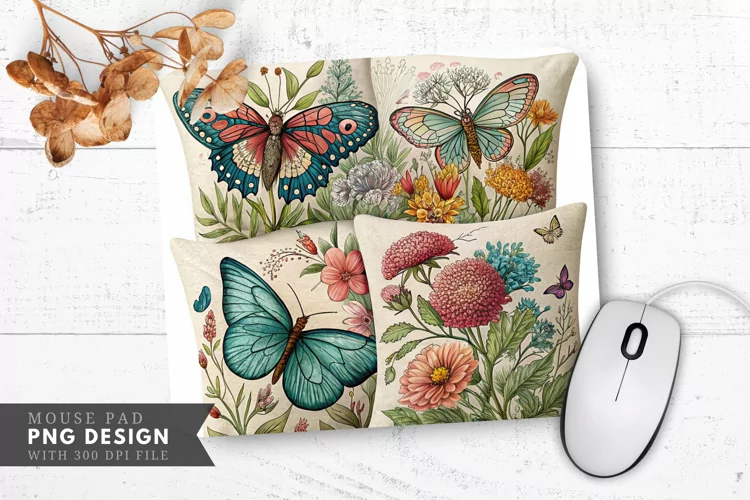 Butterfly Floral Decorative Pillow Mouse Pad PNG Design