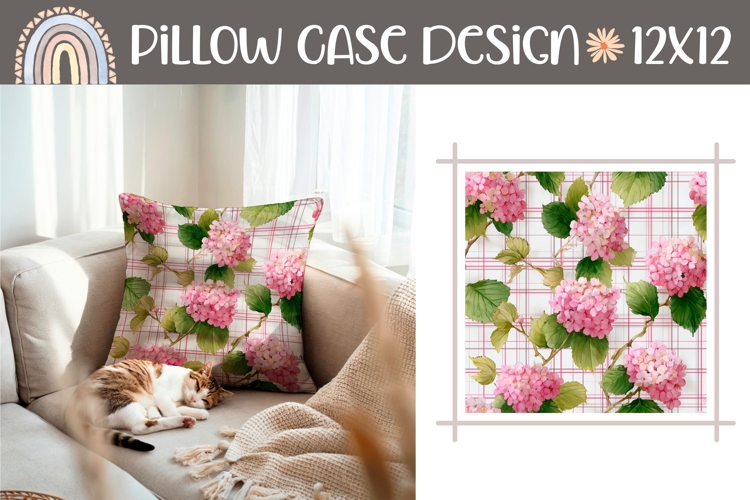 Pink Hydrangea Pillow Template, Floral Pillow Case Print