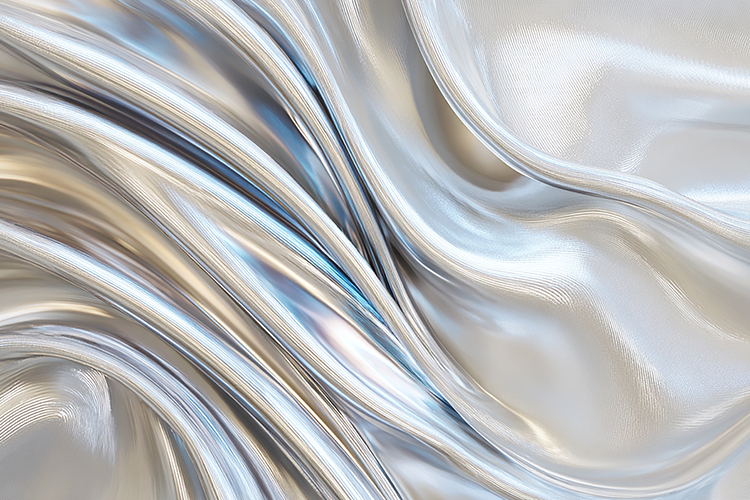 A smooth, flowing silver fabric with a shiny texture