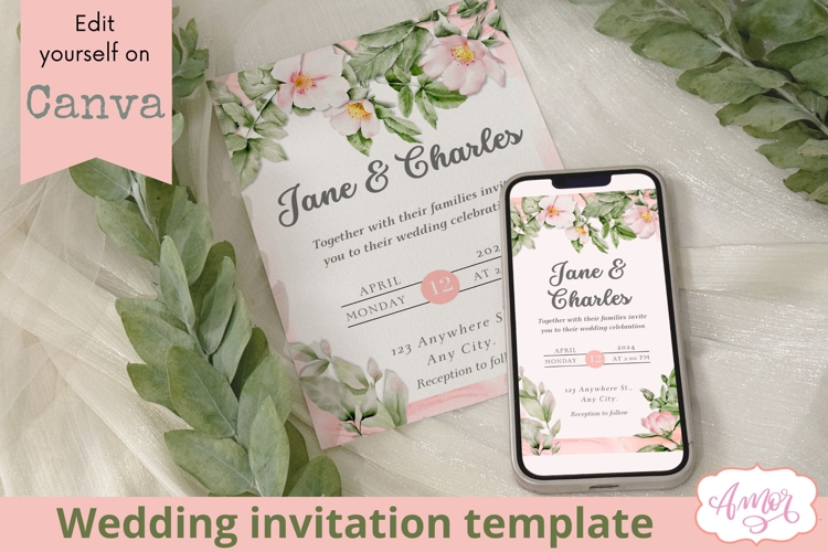 Phone and Card Floral Wedding Invitation Canva template