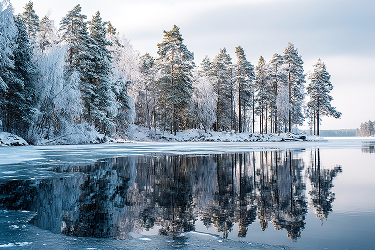 Blue Winter Lake Landscape - Frosted Pine Forest Reflection