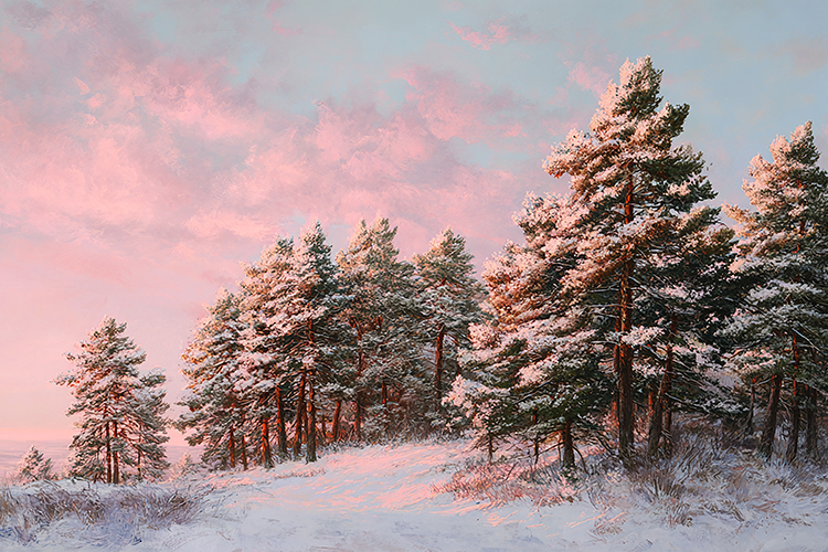 A serene winter landscape with snow- pine trees at sunset