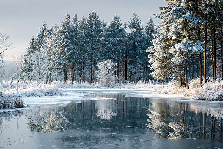 A serene winter landscape with a frozen lake and snow