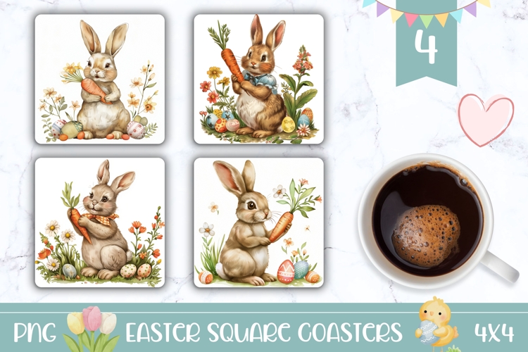Vintage Easter Square Coaster Designs, Vintage Bunny PNG