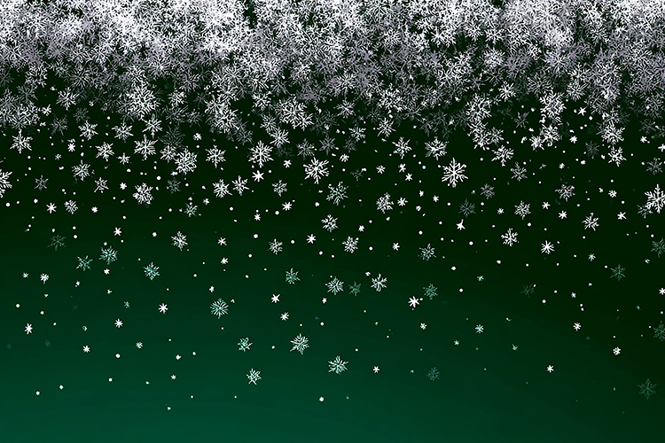 A dark green background with white snowflakes falling
