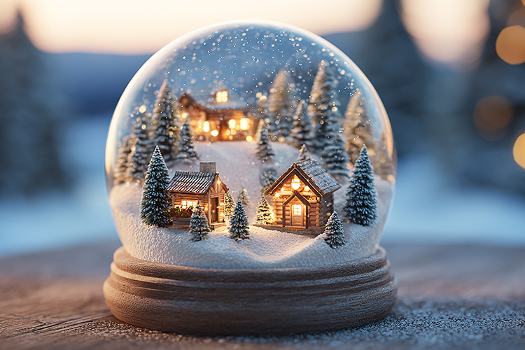 A miniature snow globe with a cozy winter village inside