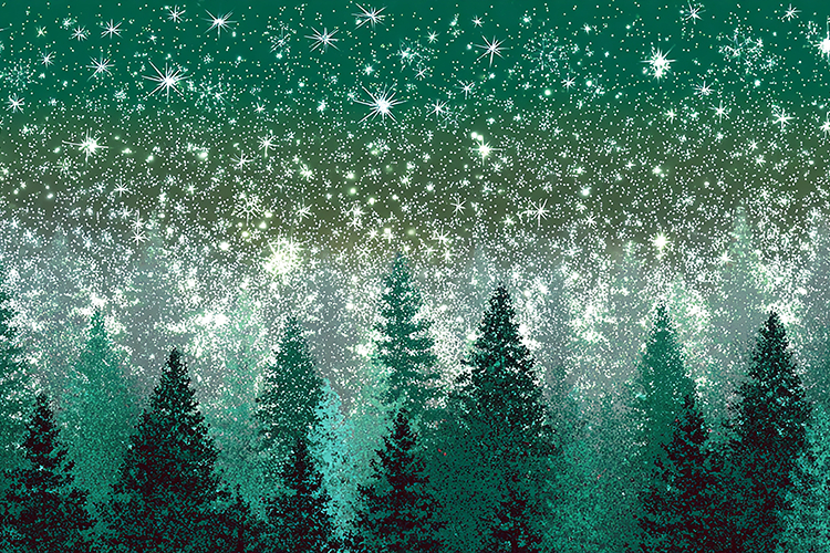 A serene winter landscape with snow falling on pine trees