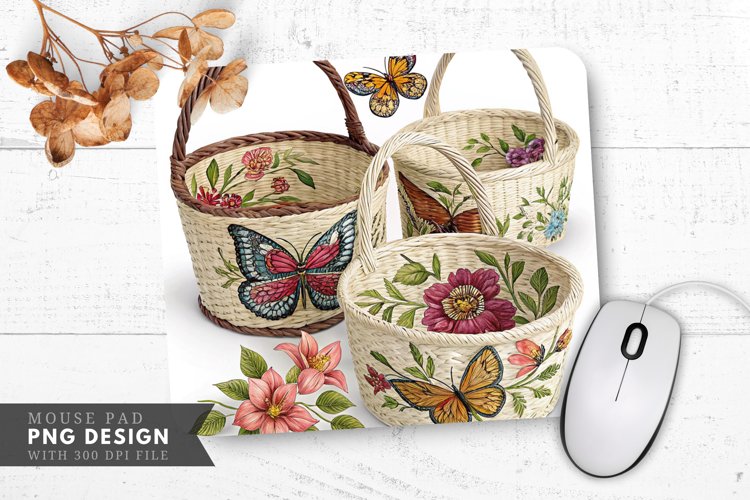 Butterfly And Floral Handwoven Baskets Mouse Pad PNG example image 1